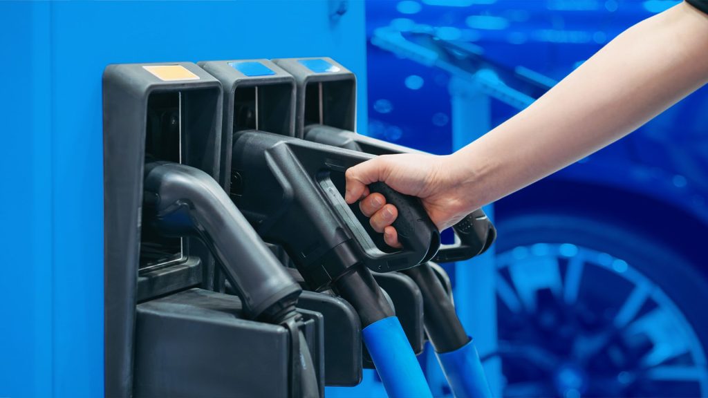 Three EV charging connectors side by side — Type 2, CCS and CHAdeMO — illustrating the main connector standards used across the UK, Guernsey and Gibraltar