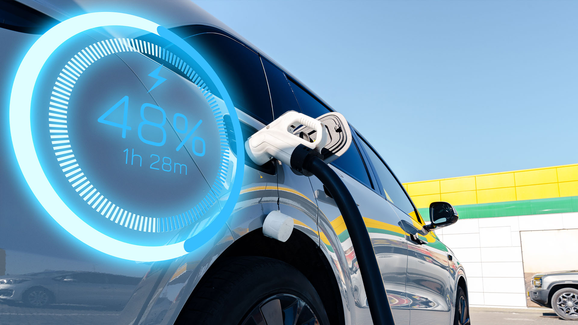An EV charge point screen showing a 50 kW DC rapid session in progress with energy delivered and time remaining — illustrating what kW means at an EV charger
